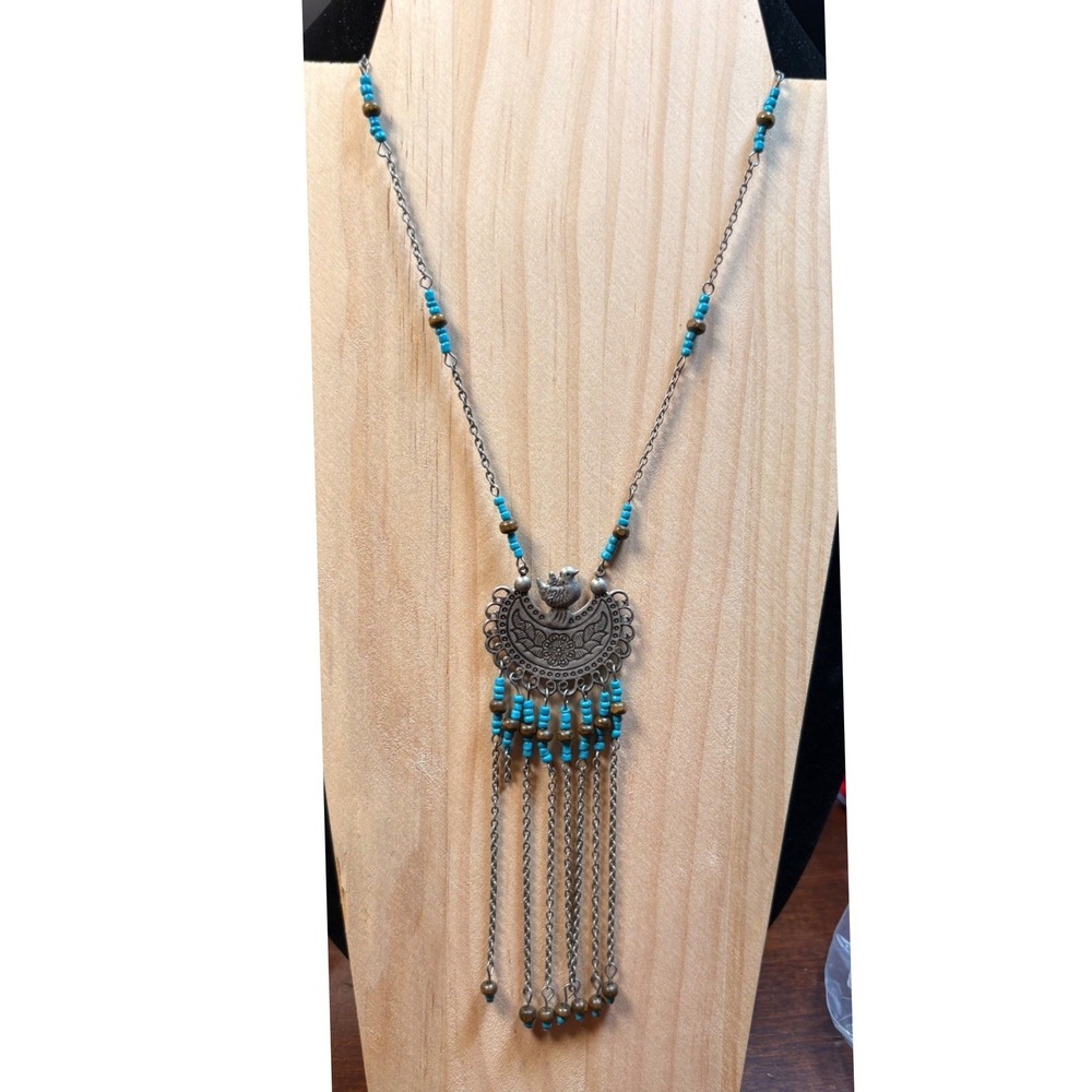 Tribal Pendant Necklace Women Silver Tone Turquoise Blue Boho Bird Tassel Fringe